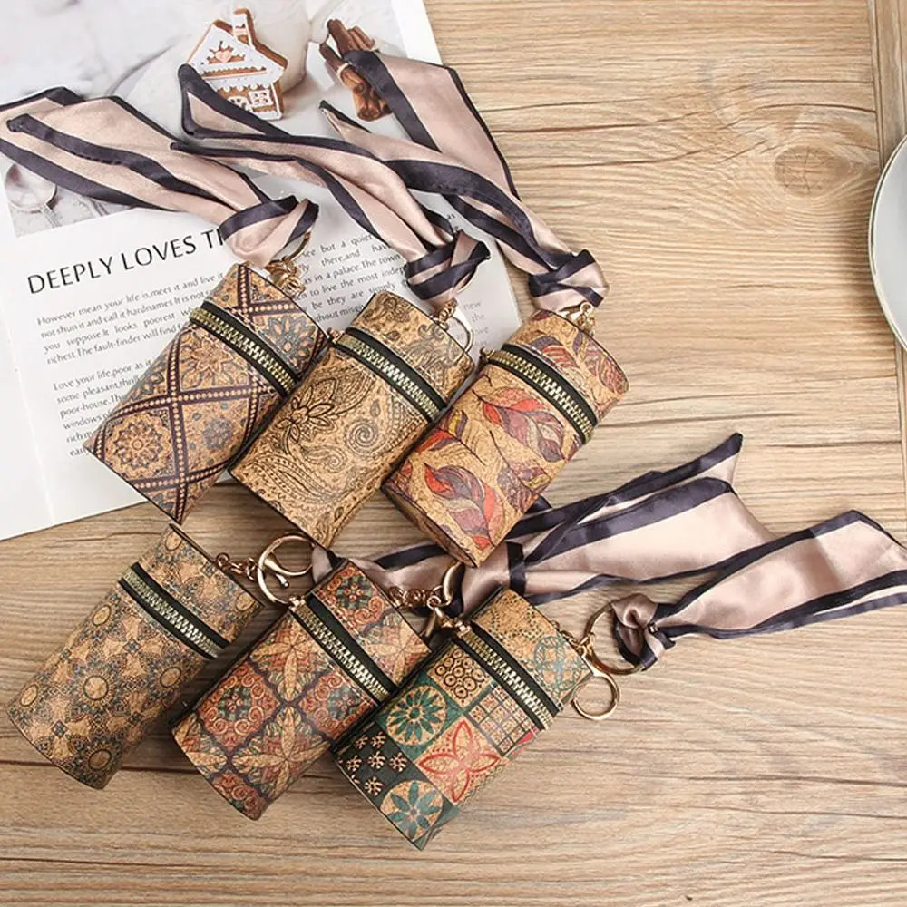 

Retro PU Mini Lipstick Bag Cylindrical Wood Grain Key Coin Purse Cartoon Printed Bucket Bag Bag Accessories