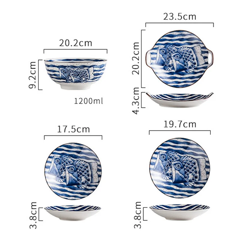 1pc Japanese hand-painted cartoon fish ceramic tableware soup bowl western household restaurant supplies salad bowl dinner plate