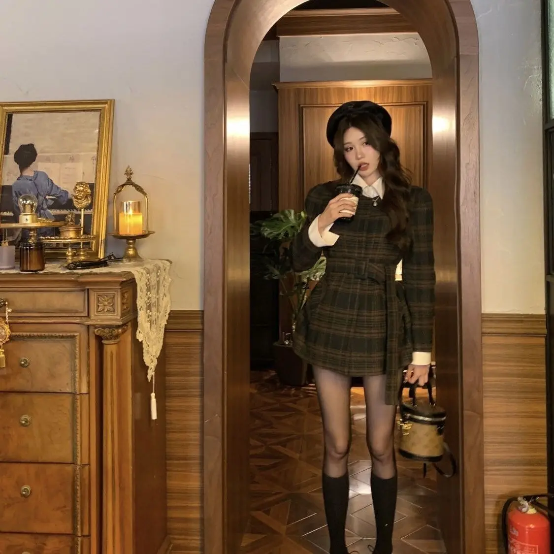 Korean Fake Two-Piece Plaid Woolen Jacket Autumn Winter New Retro Style Waist Mid-Length Long-Sleeved Top