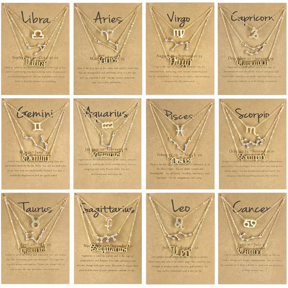 3Pcs/Set Cardboard Star Zodiac Sign 12 Constellation Charm Aries Cancer Leo Scorpio Necklace