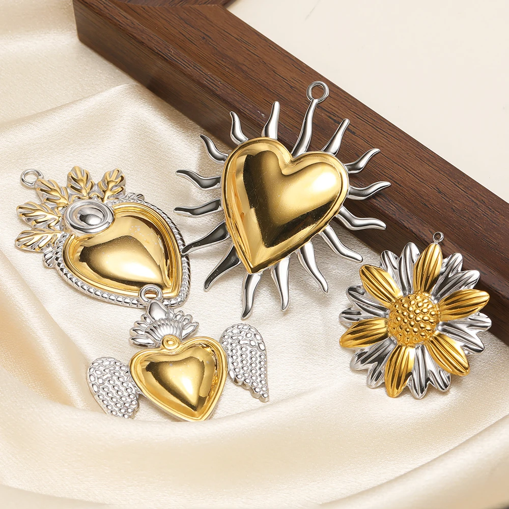 3 Stück Edelstahl-Anhänger mit goldenen Herz- und Blumenmotiven für DIY Hip-Hop-Halsketten, Anhänger, Armbänder, Schmuckherstellungszubehör – Detail 4