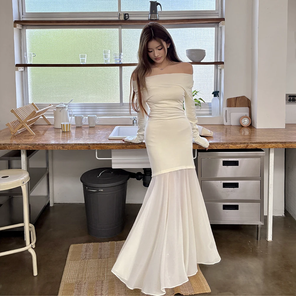 Robe queue de poisson élégante à manches longues pour femmes, jupe cintrée en mousseline de soie, épaules dénudées, tissu Polyester, Style français 2025