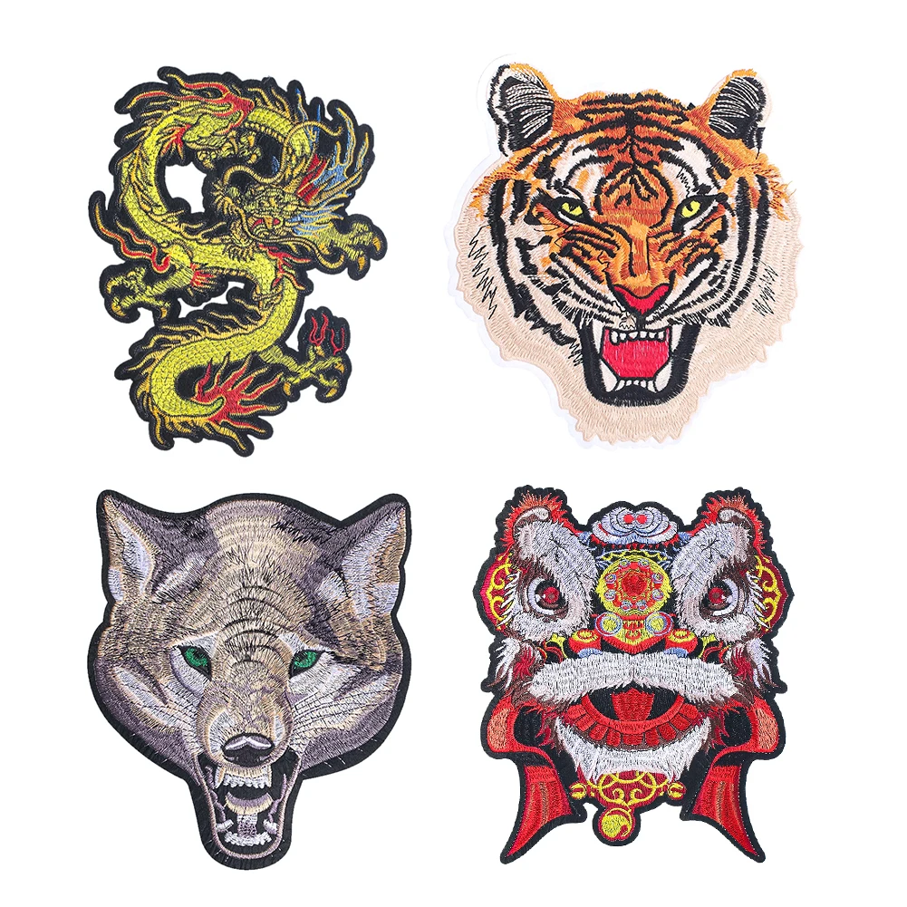 Chinese Dance Lion Dragon Tiger Wolf Embroidery Patches Animal Iron on Appliques for Jeans Jackets Clothes Bag DIY Sewing Decor