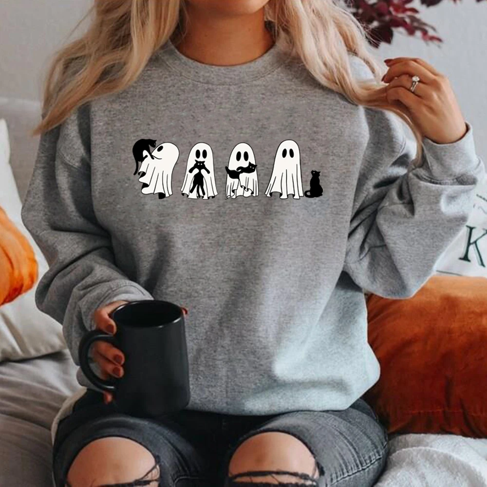 Halloween Black Cat and Ghost Sweatshirt Halloween Ghost Hoodie Spooky Season Cat Sweatshirt Unisex Crewneck Sweatshirt Hoodies