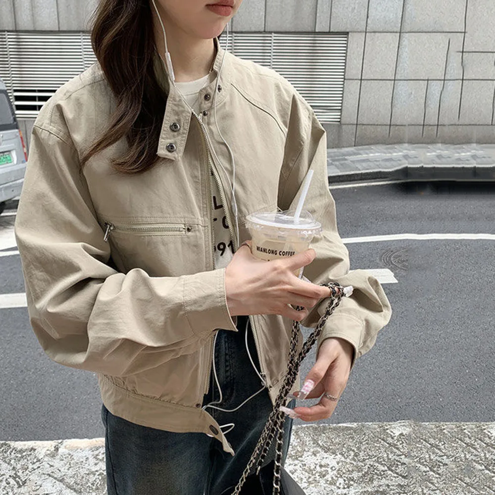 Vintage Bombers Jacket Woman Autumn Windproof Zipper Up Chic Coat Tops Button Collar Casual Loose Long Sleeve Outerwear Female
