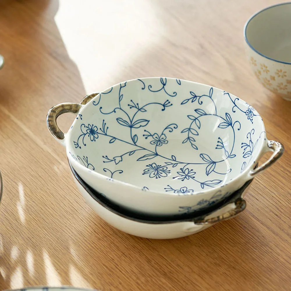 

Японский стиль, миска для супа с цветочным принтом, подглазурная 700 мл, керамические миски с двойным ухом, прочная домашняя кухня, глубокая фарфоровая посуда