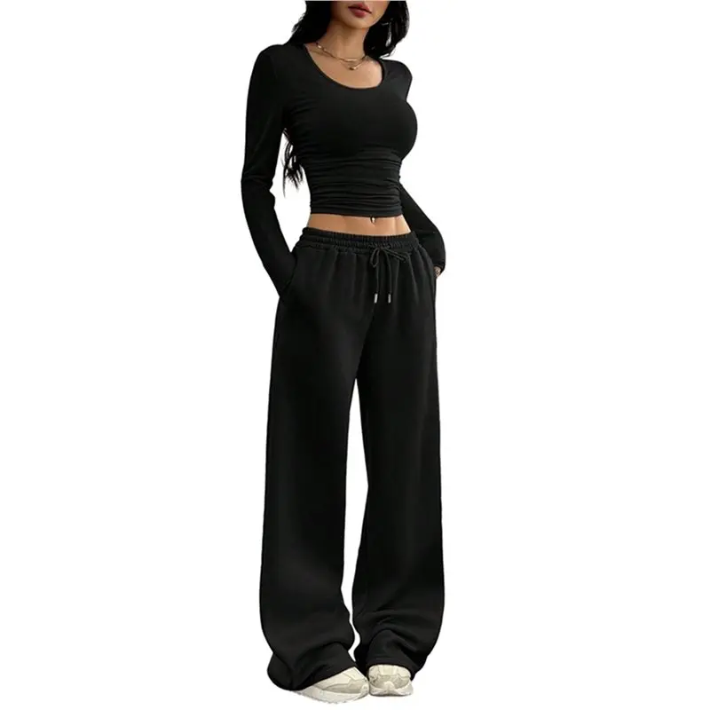 

ABRT-Women 2 Piece Matching Lounge Sets Clothing Comfiest Wide Leg Pants Y2K Sweatsuits Fall Outfit Black XS