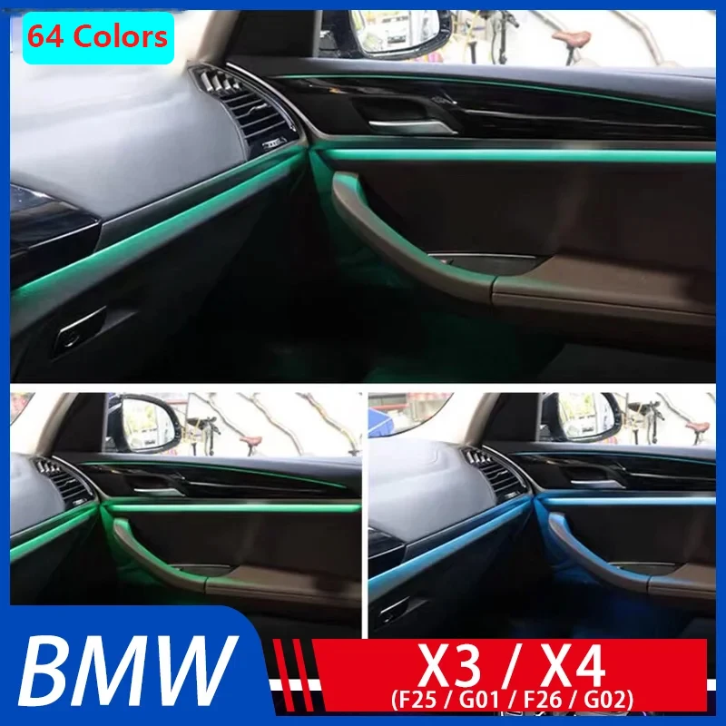 For BMW X3 X4 2018-2022 64 Color RGB Car Ambient Light Interior Acrylic Guide Fiber LED Strip Decoration Atmosphere Lamp 17 in 1