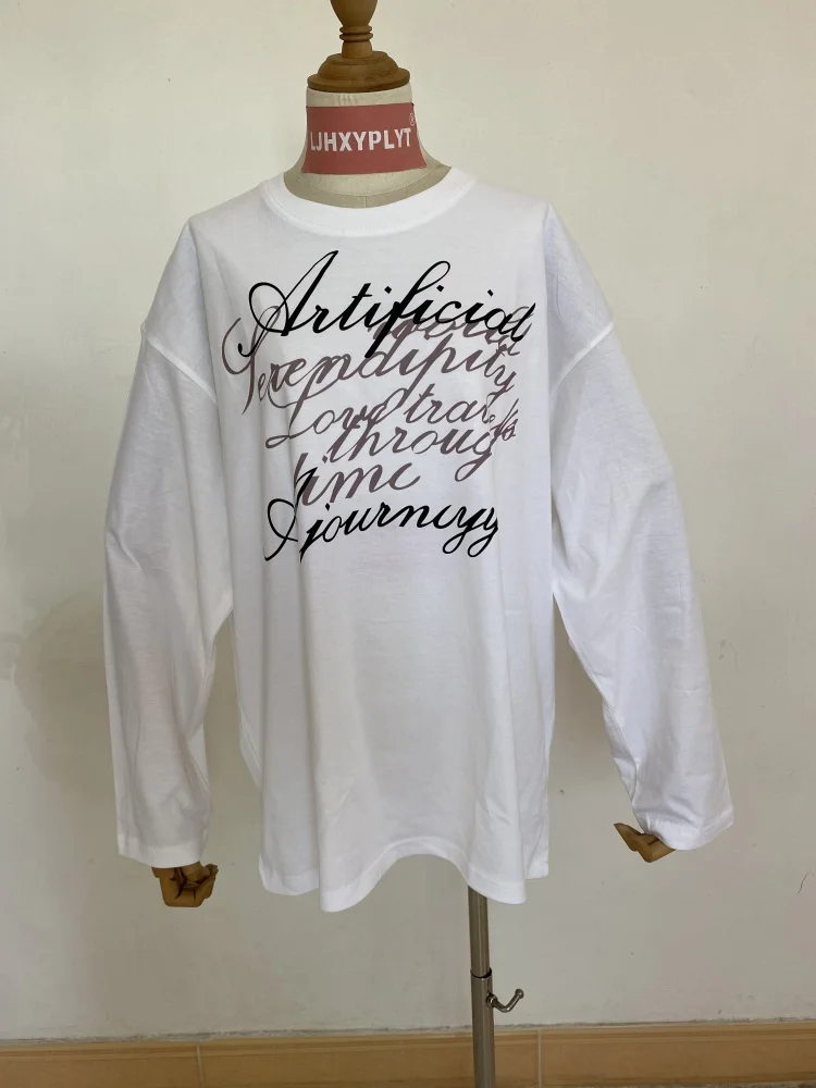 

Women's White Letter Printed Long Sleeved T-shirt Fashion Top Vintage Autumn Young Girl Clothes Round Neck Loose Pullover T