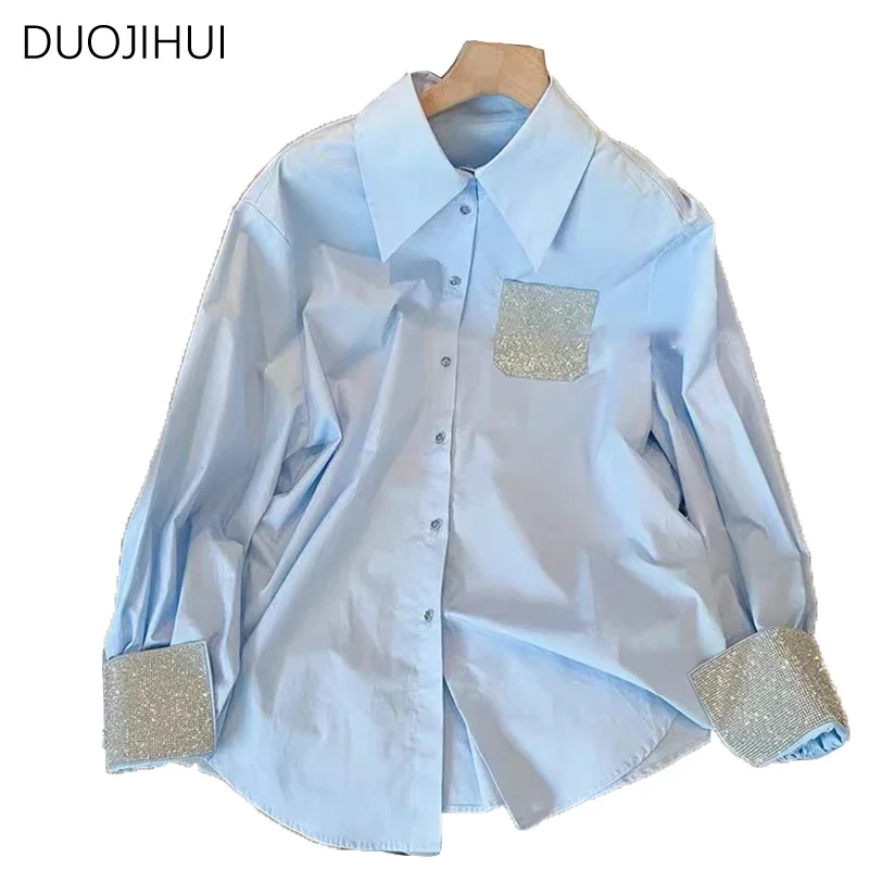 DUOJIHUI Blue Spring New Elegant Office Lady Loose Women Shirt French Chic Button Simple Casual Long Sleeve Fashion Female Shirt