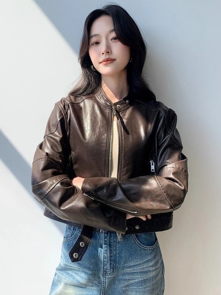 Vintage Cropped Genuine Leather Motorcycle Jacket Women Spring Autumn High-end Simple Stand Collar Slim Soft Real Sheepskin Coat