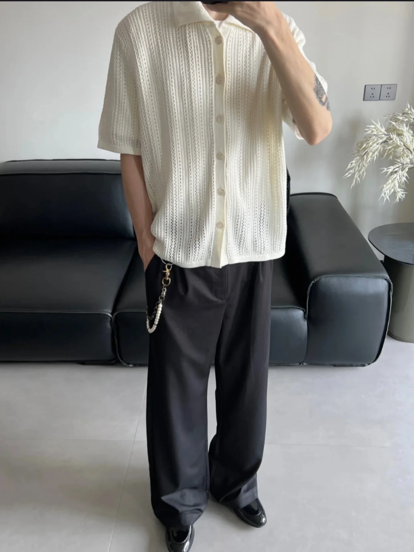 

Korean Sle Men's Casual Summer Knitwear ort Sve Open Cardigan Leisure Vaion irt Hollow out Collar Trendy Haome