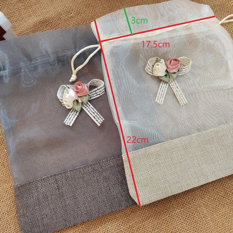 Linen and Organza Pouches with Two Floral Bow Decor,Rural Wedding Gift Packaging Bags,Large Size 17.5x22cm