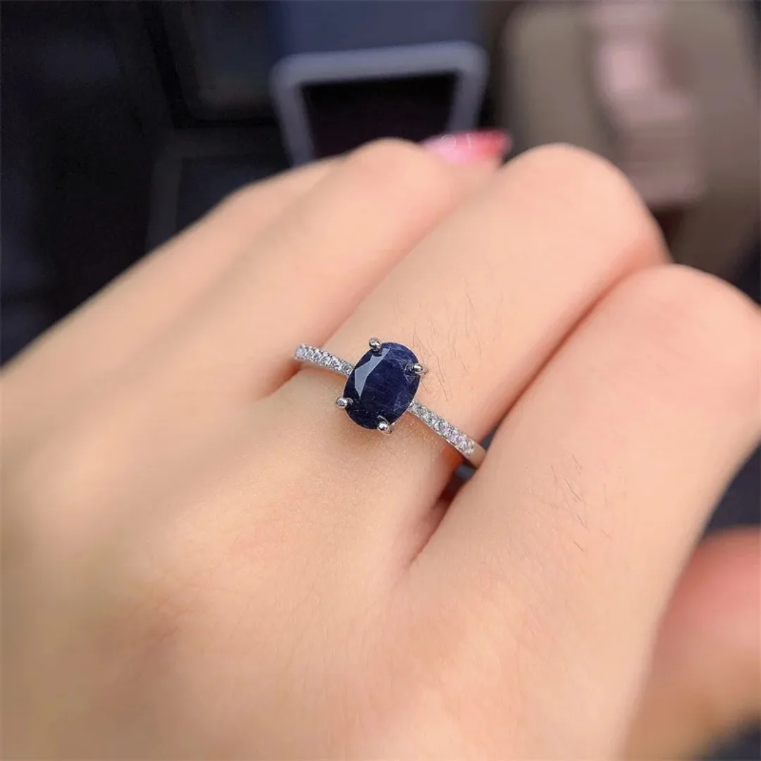 Hot Sale Fashion Design Silver Sapphire Rings for Women Solid 925 Silver Sapphire Ring 5*7mm  Natural Sapphire Gemstone