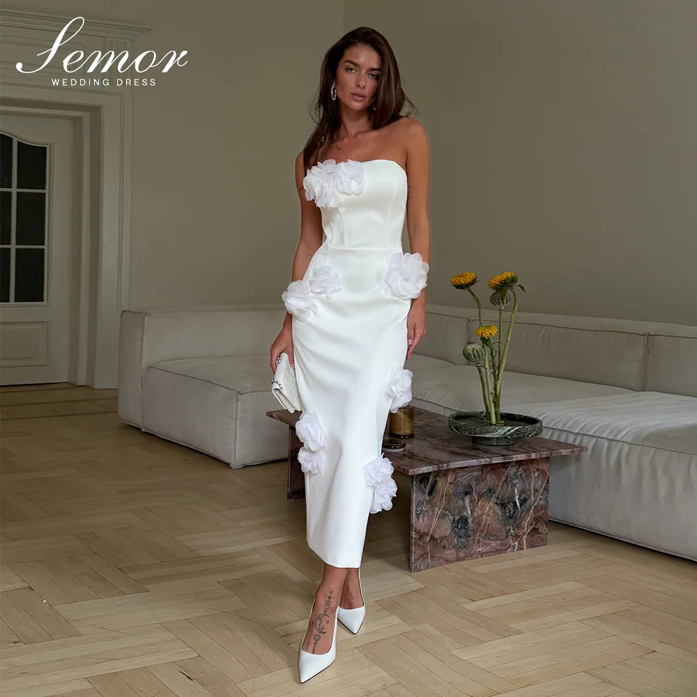 Semor Customized Strapless White 3D Handmade Flower Wedding Dresses Bodycon Midi Gown Decor Elegant Wedding Guest Party Dress
