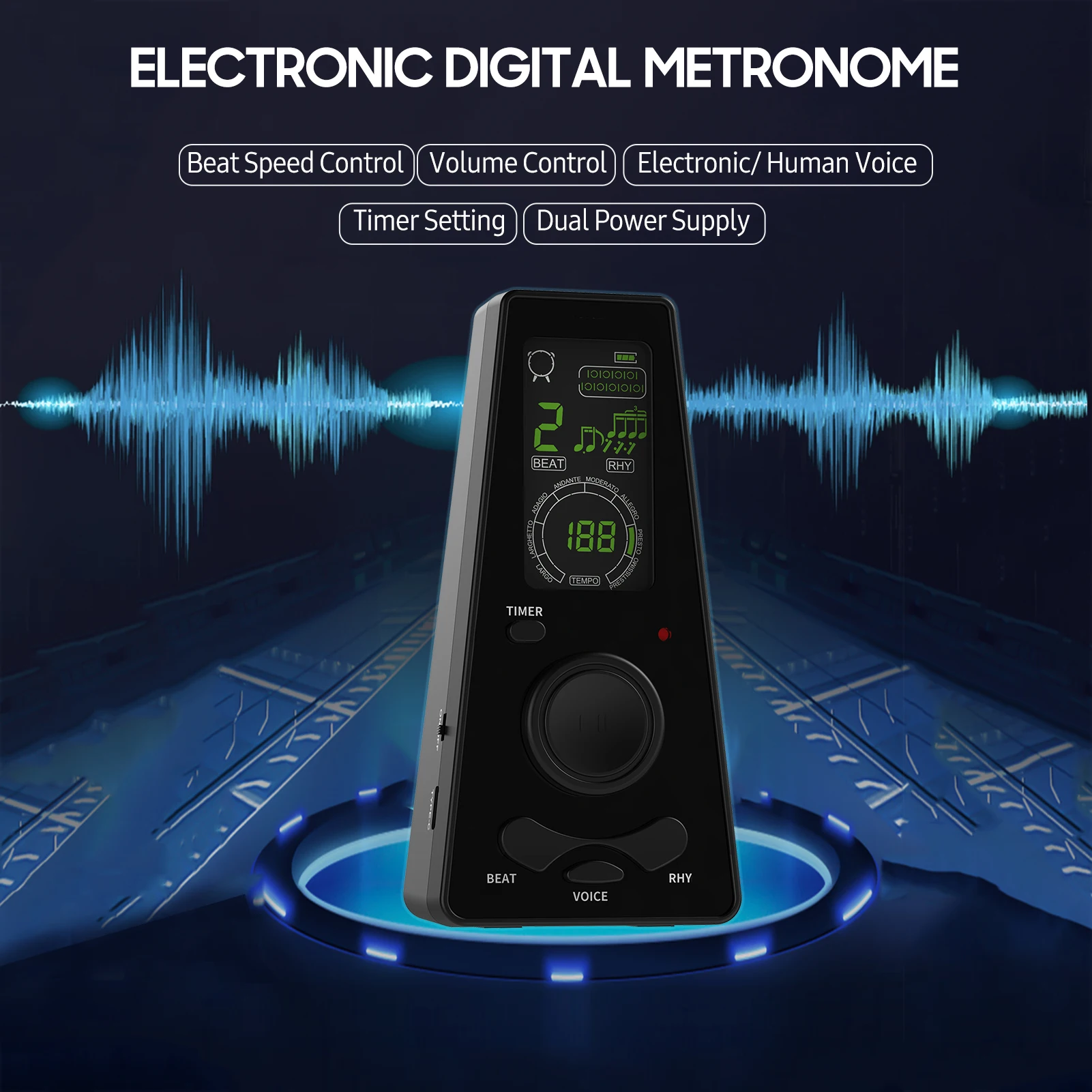 Electronic Digital Metronome Timer Universal Electronic Metronome with Volume and Beat Speed Control Battery USB Cable Powered