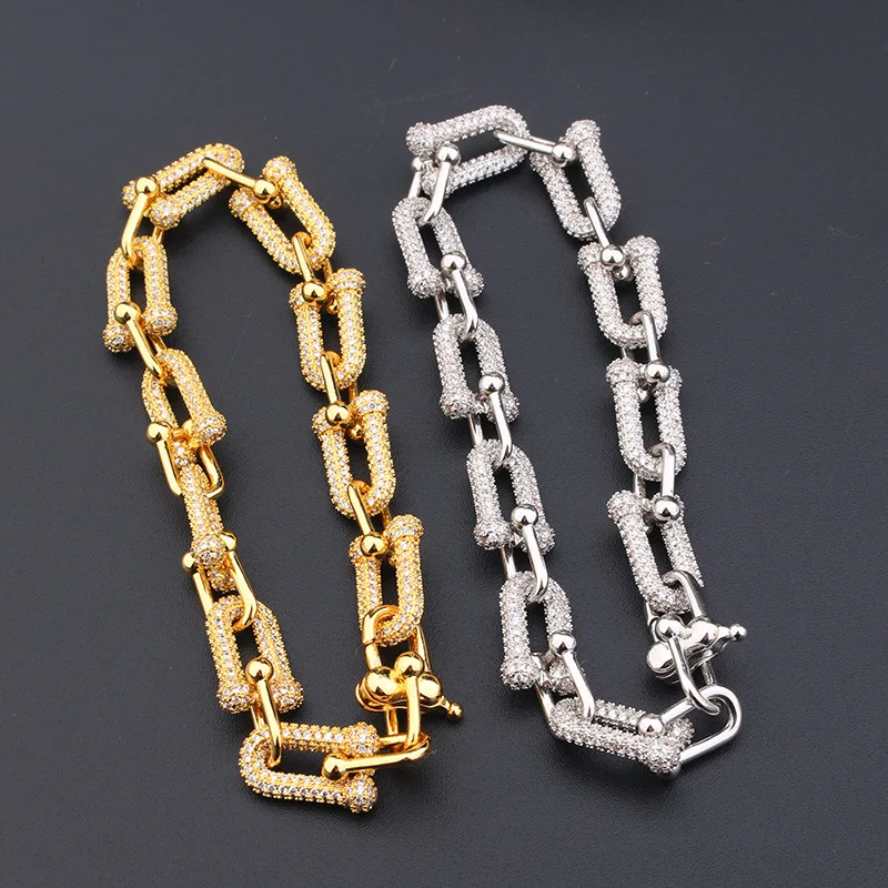 Europe America Classic Simple Style Men Women Lady Plated Gold Color Inlay Cubic Zircon U Shape Chain Bracelet 2 Color