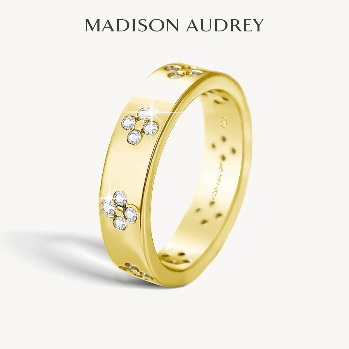 

Madison 14K Gold Filled Moissanite Clover Ring Lucky Four-Leaf Clover Wide Wedding Band Dainty Statement Jewelry Gift for Women
