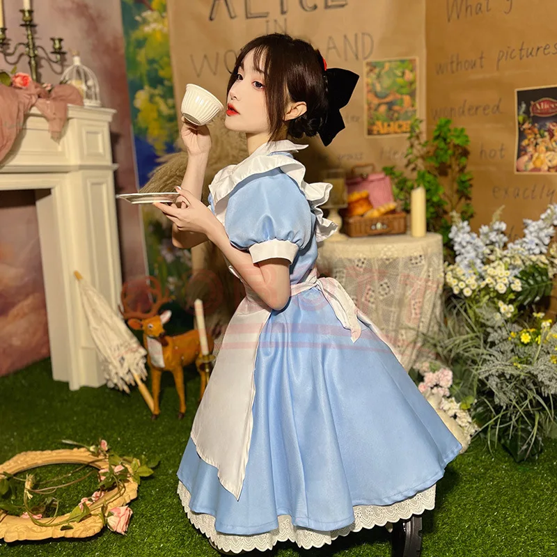 Gaun Lolita Wanita Celemek Pembantu Rok Karnaval Fantasia Kostum Cosplay Pakaian Halloween Pesta Topeng Alice In Wonderland