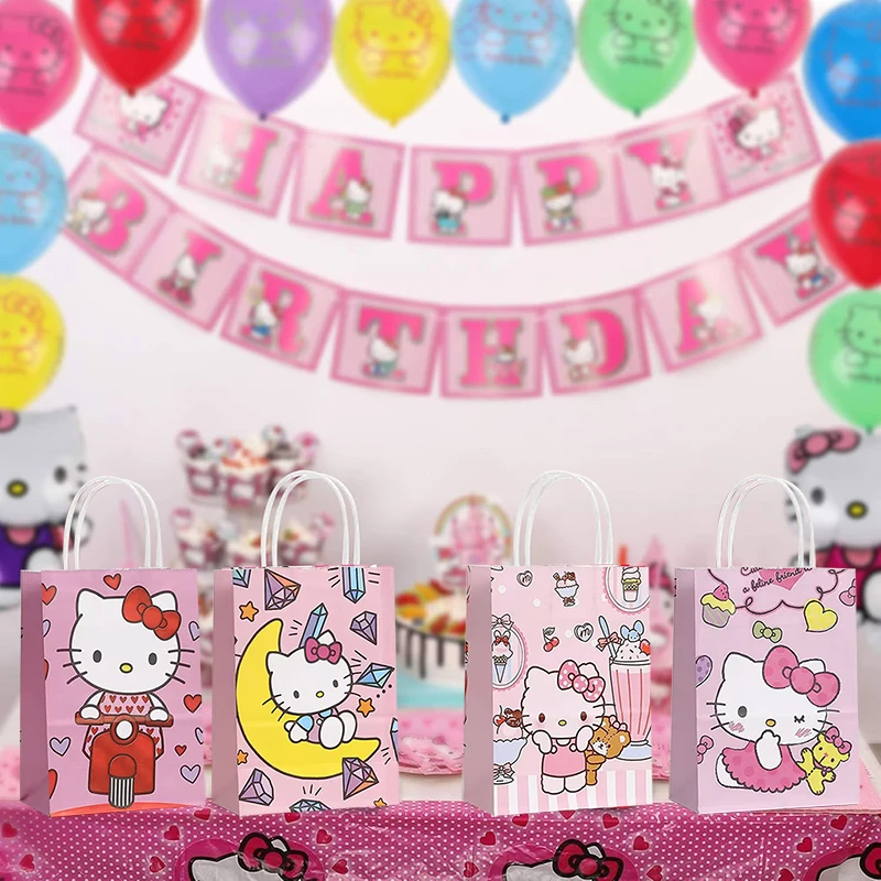 12pcs Hello Kitty Kraft Gift Bags with Handles Pink Kitty Themed Party Paper Favor Bag Baby Shower Kid Birthday Party Decoration