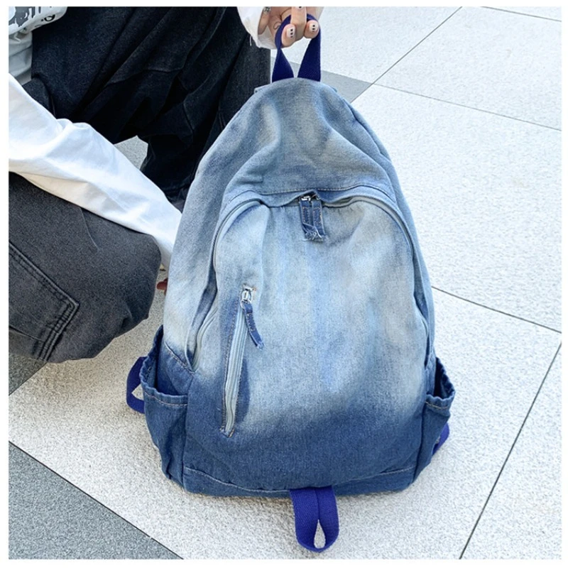 Gradual Change Travel Denim Student Schoolbag Korean Old Retro Casual Washed Denim Backpack Large Capacity