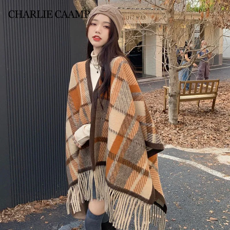 

150 x 130cm Shawls New Plaid Cape Coat Woman Winter 2024 Warm Thickened Women's Elegant Scarf Fringe Imitation Cashmere Scarves