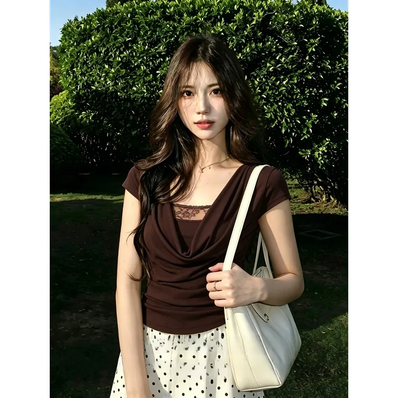 Slim Fit Lace Insert Short Sleeve T-Shirt Women's Summer Casual Wear Waist Cinching Ruffle Detailing Boxy Cut Top
