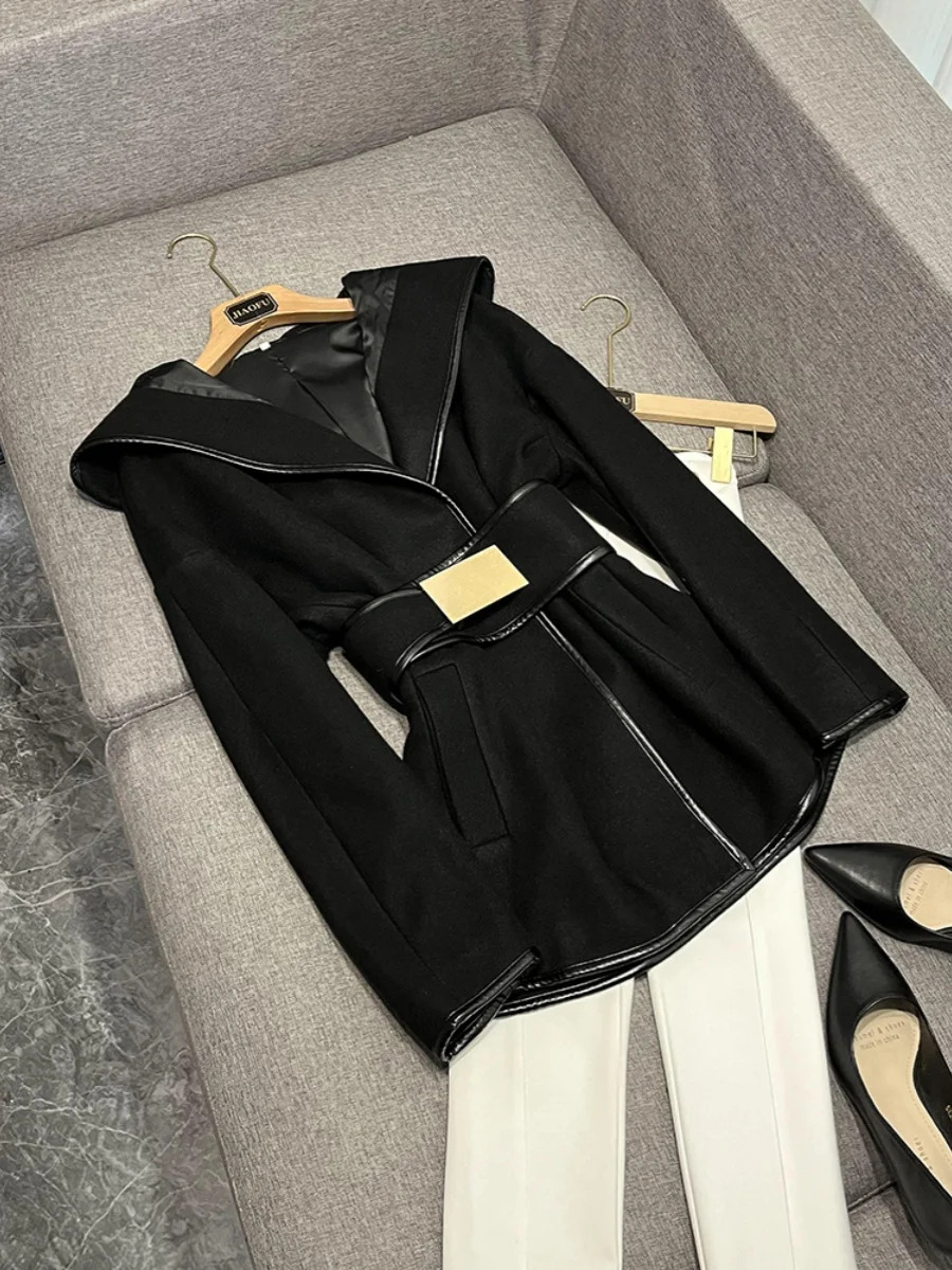 

2025 New Celebri Hooded Waist Belted Batwing Sve Mid-Length Woolen Jaet Coat A380 Commute Sle Long Sve Other