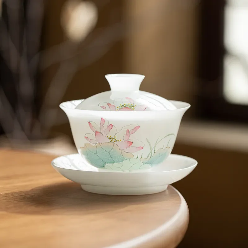 Hand Painted Lotus Ice Jade Porcelain Gaiwan Kung Fu Tea Set Three Talents Cover Bowl Household Gift High End Teaware