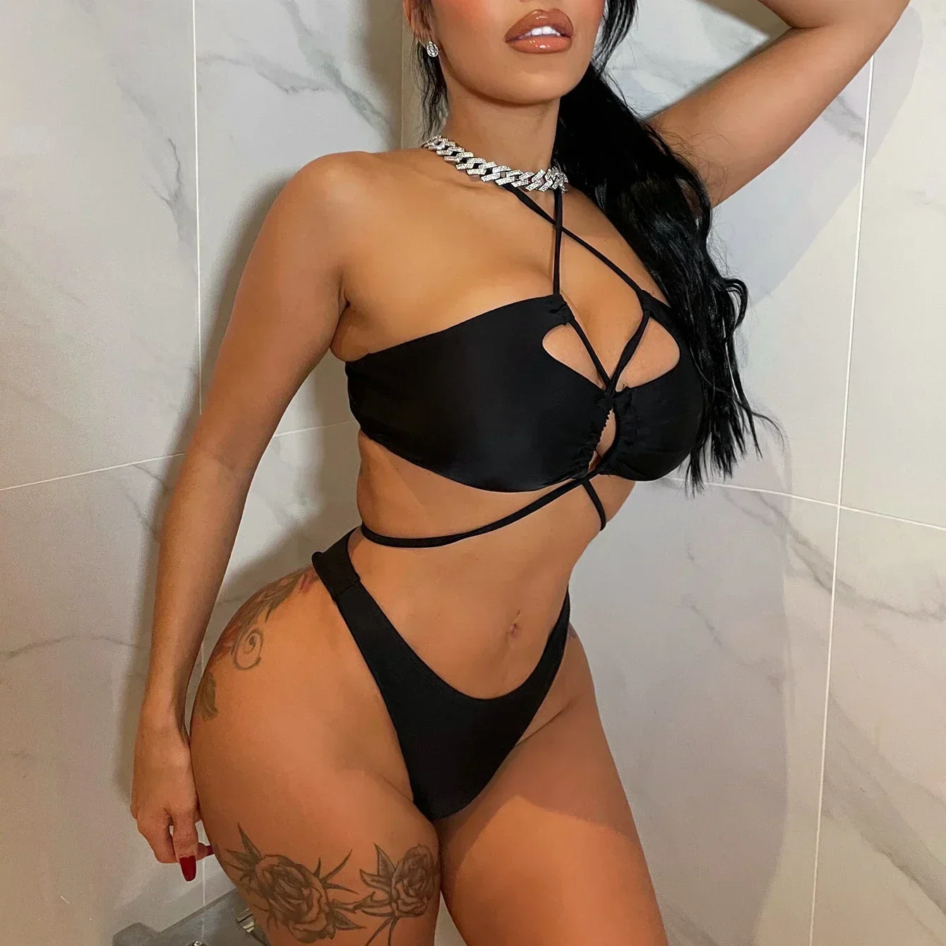 2025 Sexy Swimwear Swimsuit Women Black Hollow Cross Straps Bikinis Set Bathing Suit Beach Bikini Female