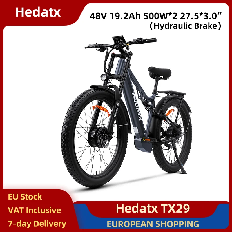 Hedatx TX29 Bici Elettrica 500W*2 Doppio Motore 48V 19.2Ah 27.5*3.0 Fuoristrada Fat Tire E-bike Freno A Disco Idraulico 7 Velocità 34-45 km/h