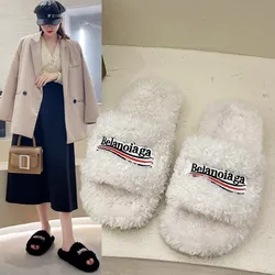 Shoes Flock Woman's Slippers Fur Flip Flops Female Tap Slides 2023 Flat Plush Hawaiian Rubber Rome Fabric Basic Fur Shoes Womens