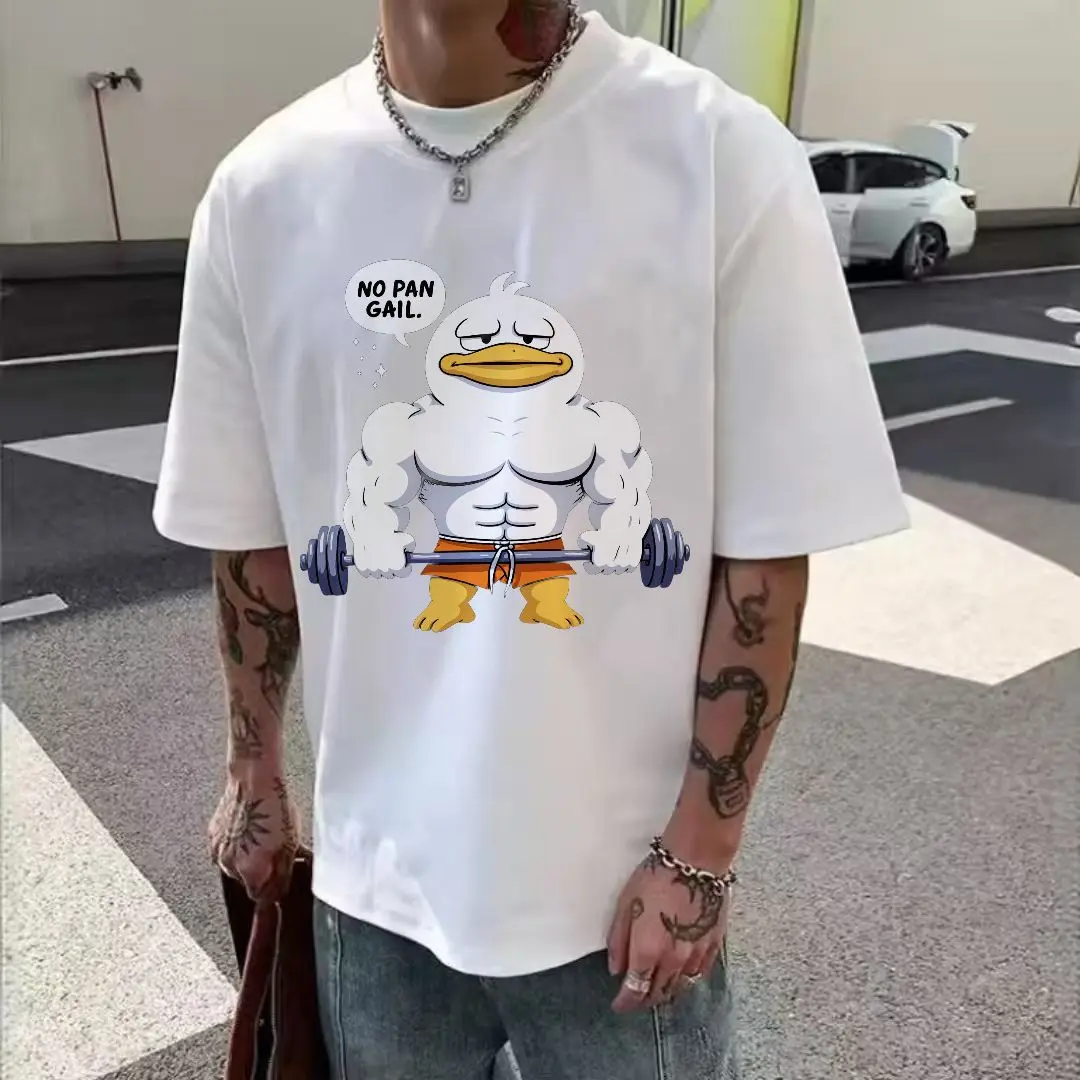 تي شيرت بطة بيضاء عضلية مع أقدام منقار برتقالي في شورت برتقالي يحمل الحديد NO PAN GAIL Speech Bubble Crew Neck - لعوب #6