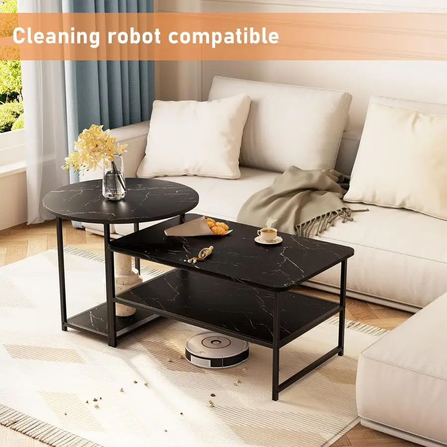 Coffee Table, Black Modern Coffee Tables for Living Room 2 in 1Detachable Small Center Table Set with Storage, Black Marble