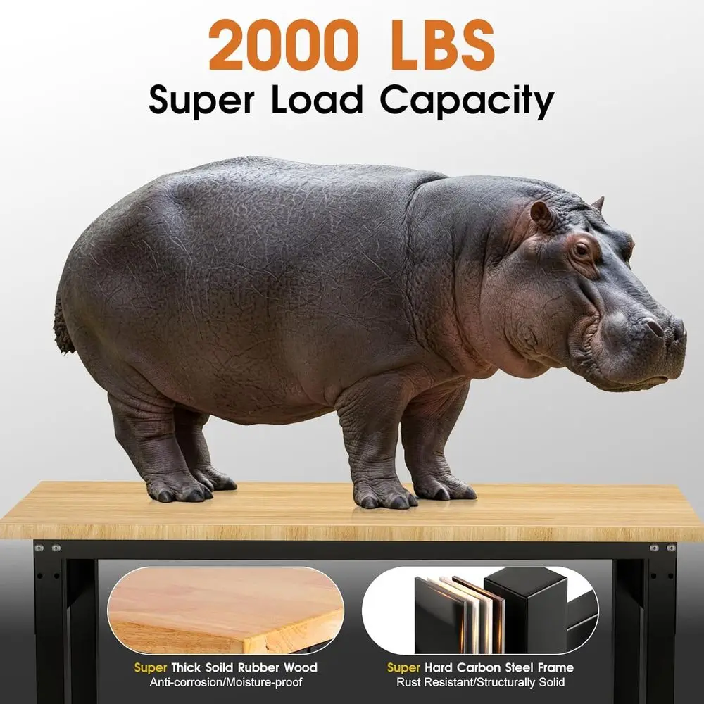 48 منضدة عمل ذات قوة صناعية على عجلات، سعة 2000 رطلاً، طاولة خشبية مطاطية مع منافذ طاقة ولوح بيجب لورش العمل أ #3