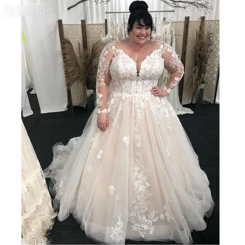 Gaun Pengantin Ukuran Besar Kerah V Lengan Penuh Renda Applique A Line Tulle Gaun Panjang Gaun Pengantin Jubah Formal De Mariee