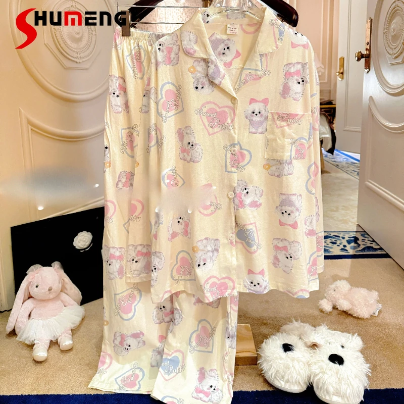 

Cute Long Sleeve Cotton Gauze Pajamas Women Sweet Korean Style Homewear Set Female Cartoon Japanese Lolita Sleepwear Suits
