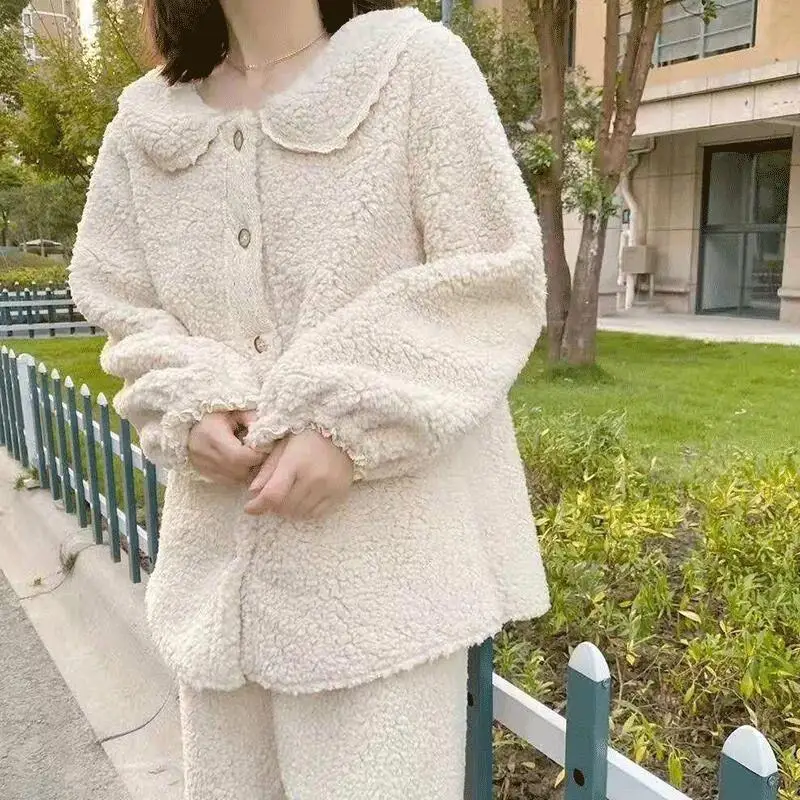 Hot Minimalist Lamb Fleece Leisure Wear Winter Thicken Cute Sweet Long Sleeves Loungewear Set Two-Piece Set Dopamine New Style