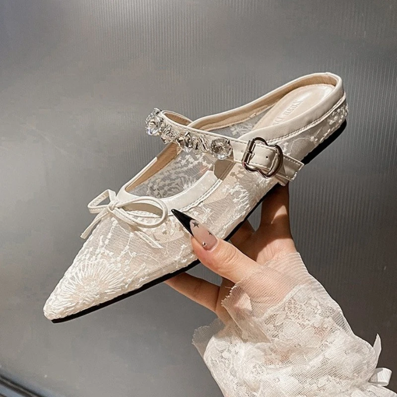 

Роскошные сетчатые тапочки с узким ремешком, брендовые дизайнерские тапочки, женские элегантные тапочки на плоской подошве с острым носком и бантом 42, туфли на плоской подошве большого размера