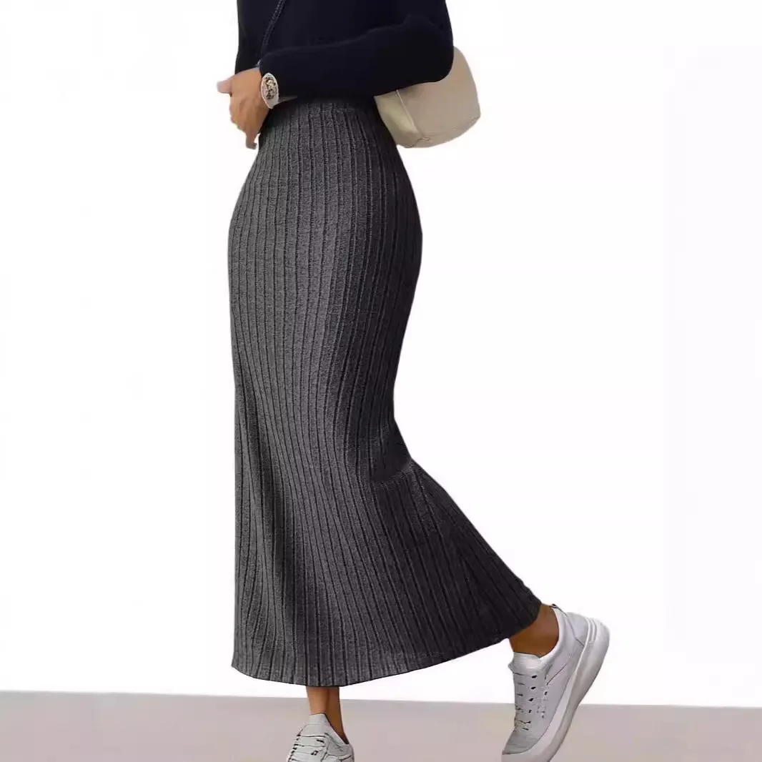 Jupe mi-longue en tricot pour femmes, confortable, décontractée, droite, taille haute, coupe ajustée, ourlet fendu, tissu fluide, jupe élégante et polyvalente pour dames
