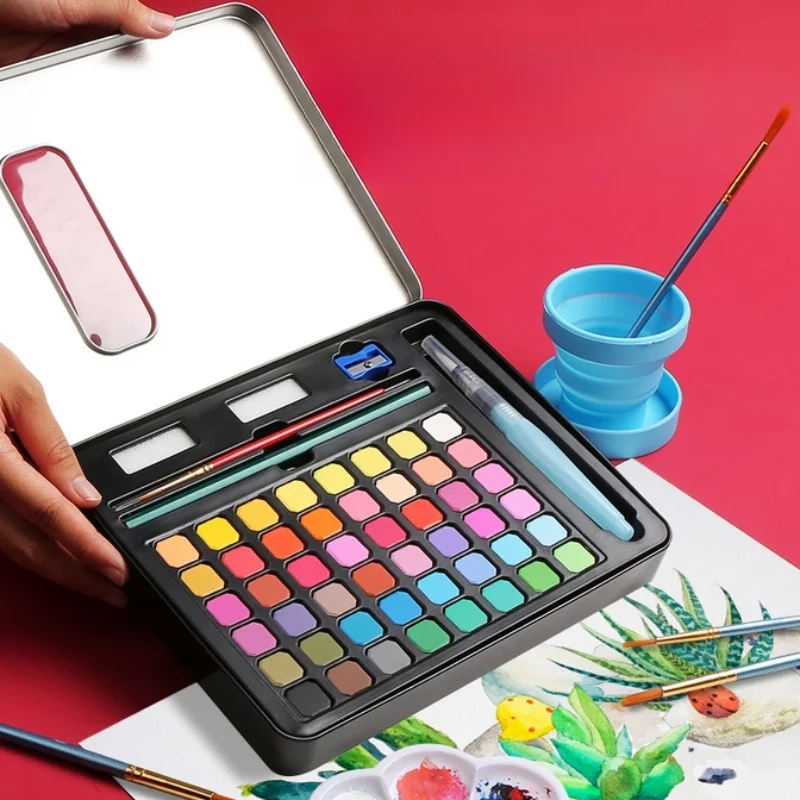 مجموعة صناديق القصدير المحمولة متعددة الألوان من الدهانات المائية مع مخطط الألوان ورق الرسم واللوازم الفنية للرسم