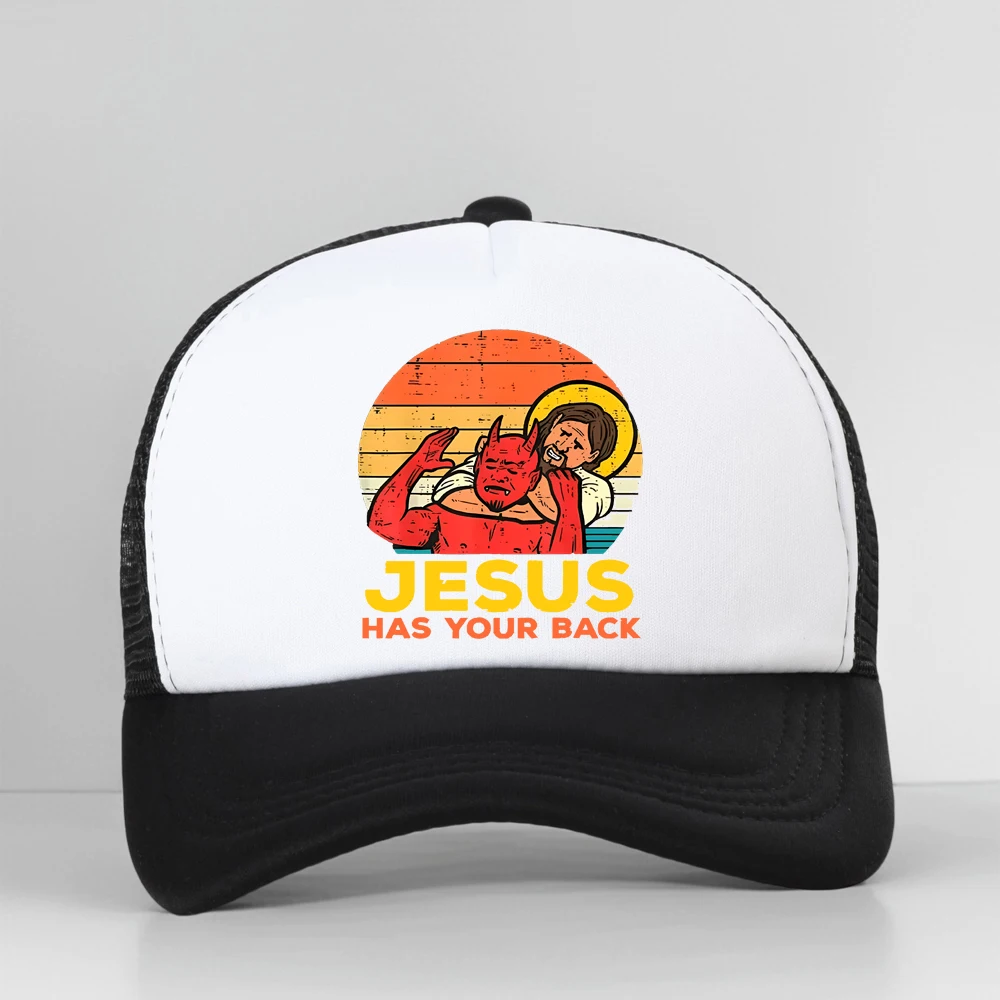 

Jesus Has Your Back Jiu Jitsu Retro Christian Baseball Cap Men Women Vintage Graphic Outdoor Mesh Trucker Snapback Hat