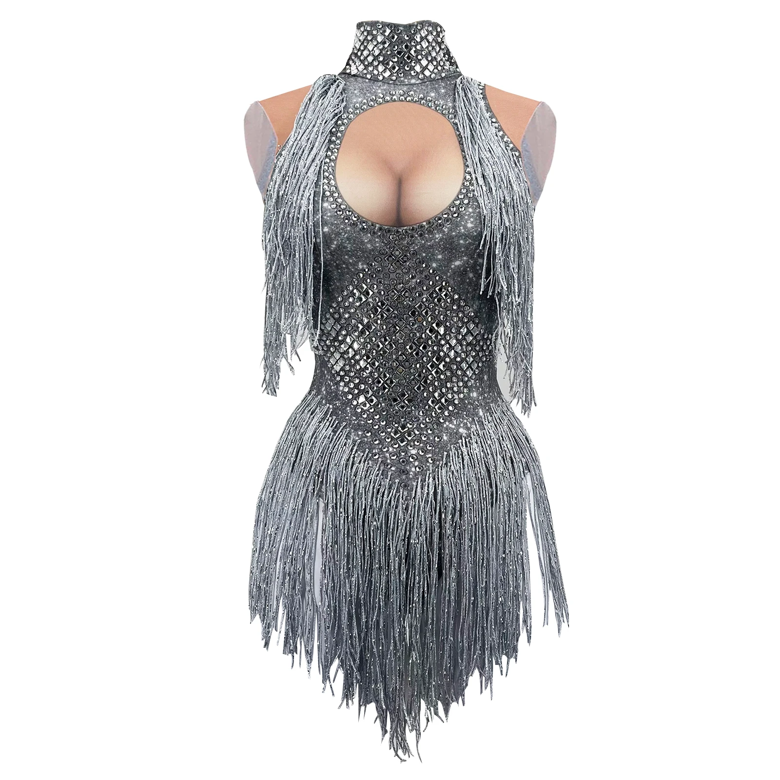 Women's Group Bodysuit Sparkly Rhinestone Tassel Stretch Outfit Female Singer Dancer Nightclub