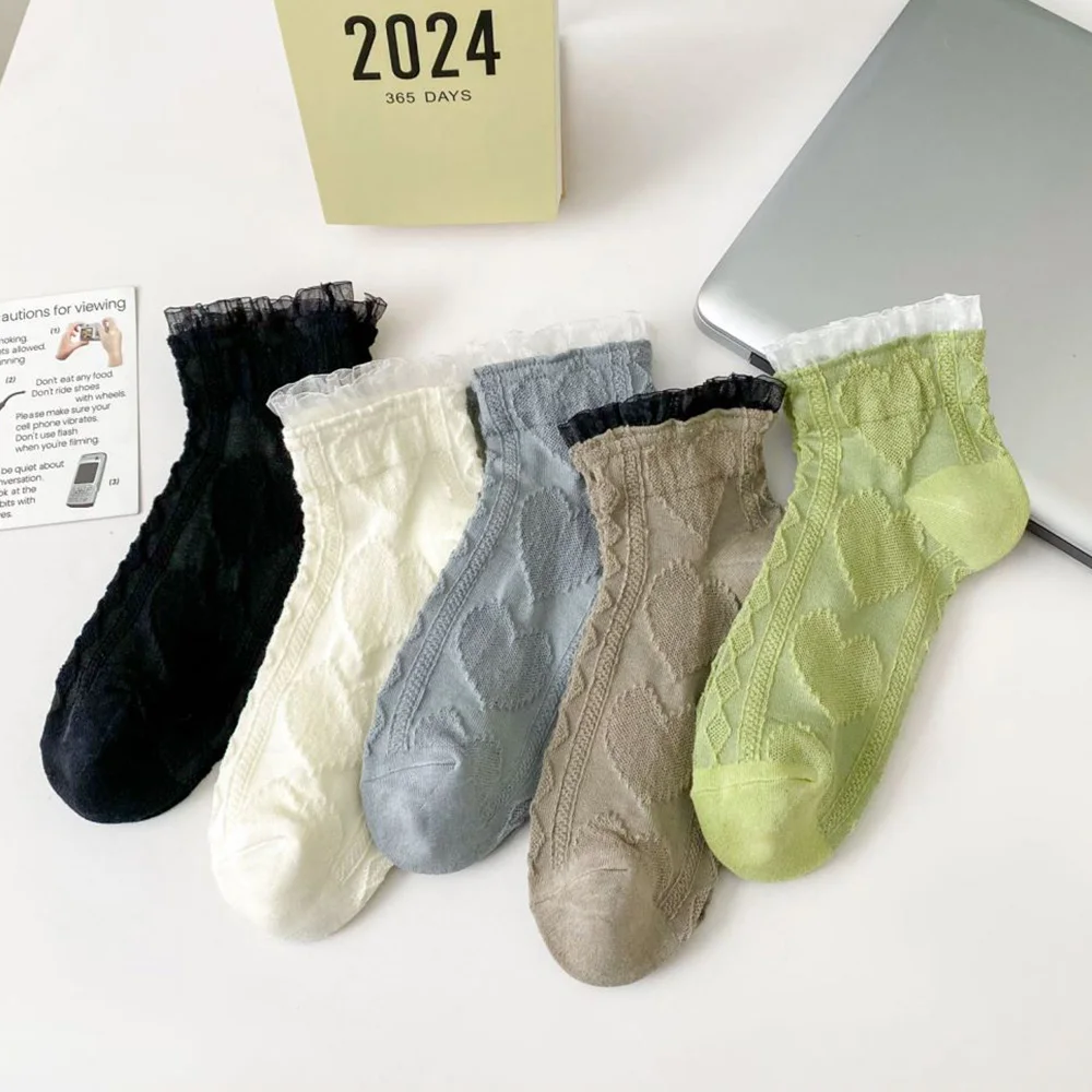 

5 Pair Cute Love Heart Women Socks Set Fashion Lace Short Korean Style Spring Summer Shallow Mouth Beautiful Socks Ladies