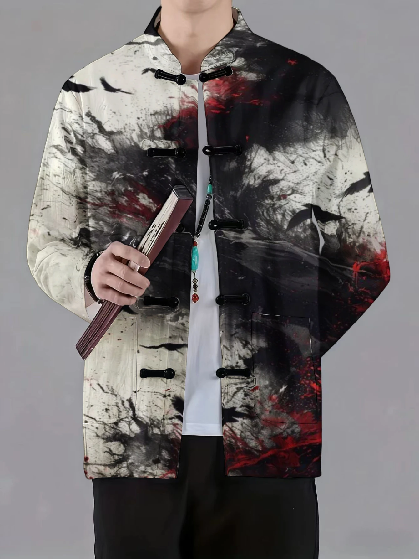 Men Mandarin Collar Frog Button Jacket Lion Cloud Floral Galaxy Ink Splash Print Traditional Outerwear