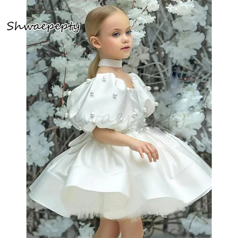 Princess White Flower Girls Dresses Puff Sleeves Short Tutu Satin Wedding Party Gown Pearls Beaded Birthday Dress Customized