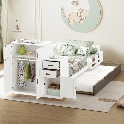 #Twin Size Wood Platform Bed With Sample Bookshelf And Movable Wardrobe, Multifunctional Bed With Built-in Trundle Bed