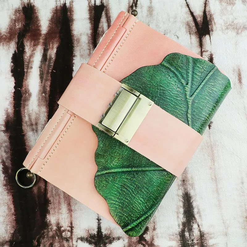 Locked Leather Notebook Handmade Cowhide Encrypted Diary Pink Lotus Leaf Vegetable Tanned Leather Thickened Confidential Notepad