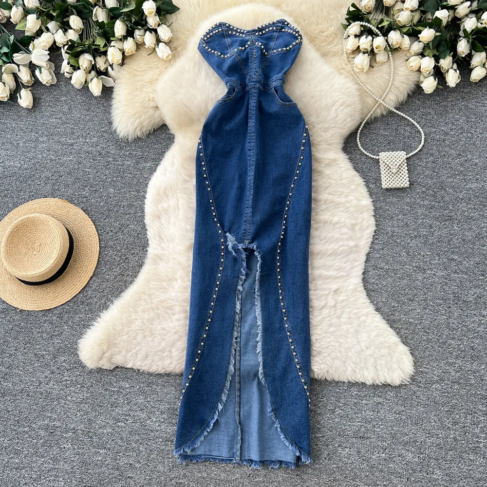 

Long Dress Women Denim Dresses Strapless Vestidos Party Night Y2k Streetwear Sleeveless Sexy Hip Wrap Elegant Splice Work 2026