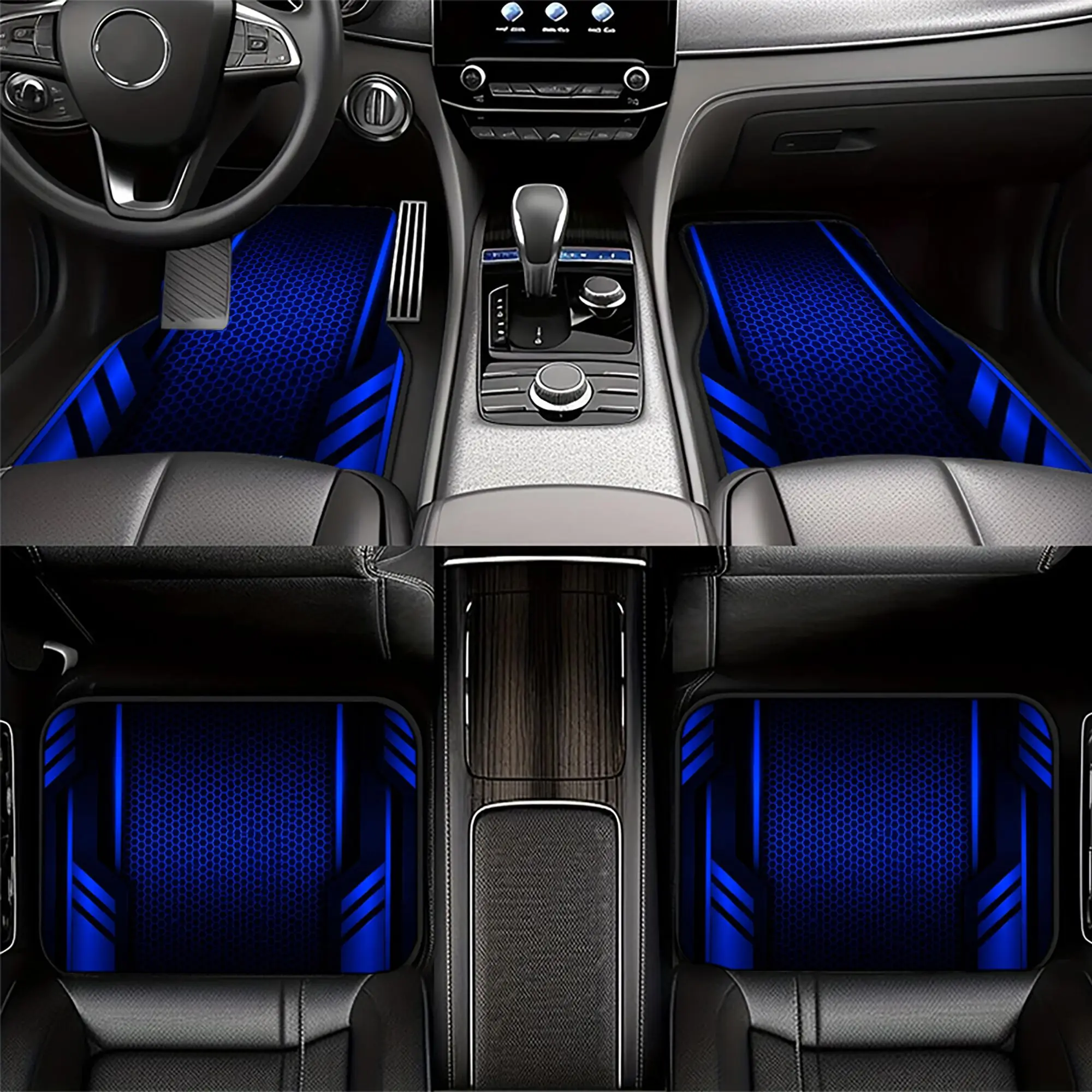 4pcs Polyester Fiber Blue Hexagon Pattern with Dynamic Stripe Design, Stylish Car Floor Mats for Universal Fit for Most Car Suv